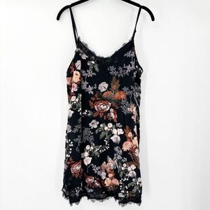 Tahari Black Floral Lace Trim Cami Slip Dress Stretch Womens Size Large